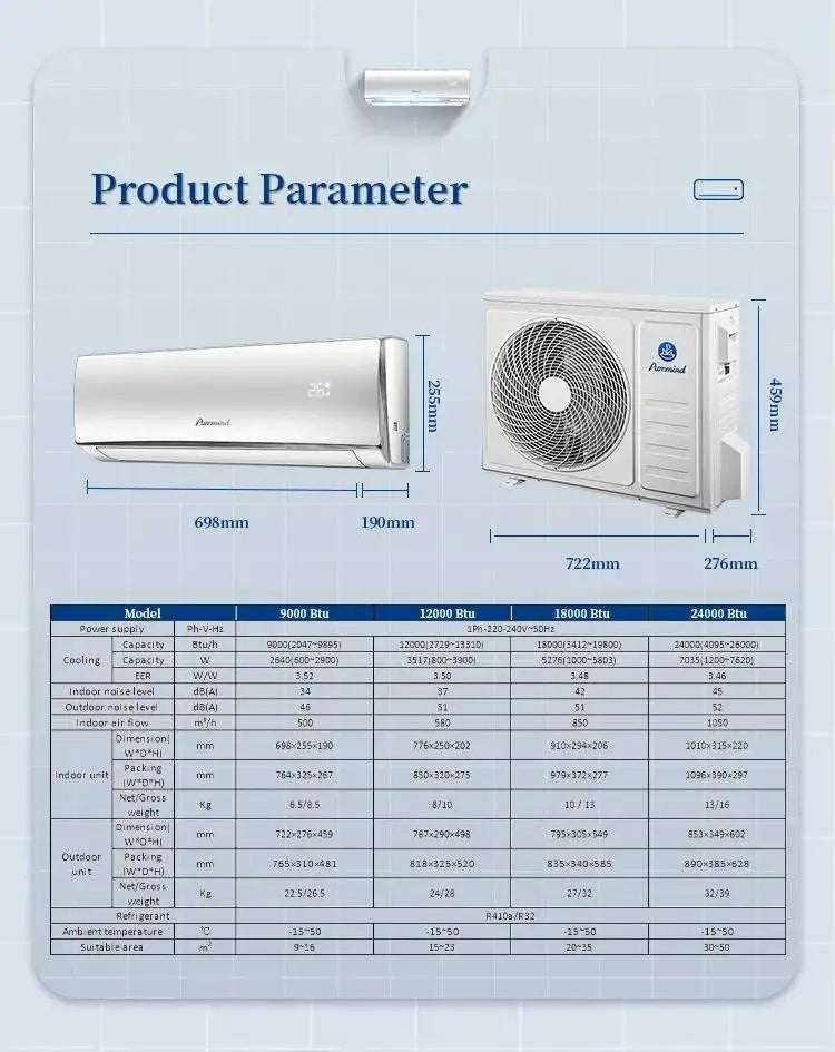 White smart inverter split air conditioner unit with outdoor condenser and a detailed technical specification table.