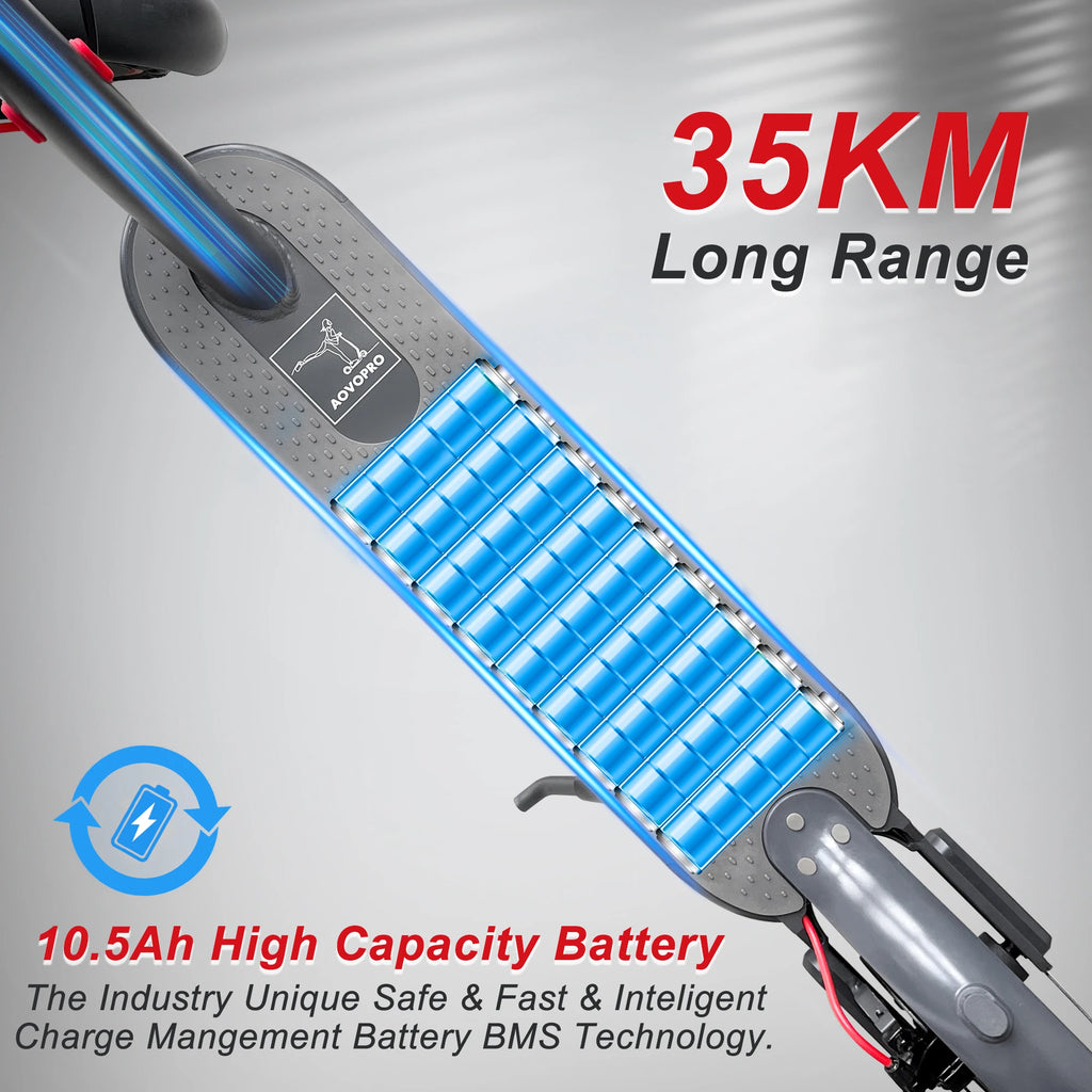 AOVOPRO foldable electric scooter deck in grey, highlighting internal blue lithium-ion battery cells for 35KM range.
