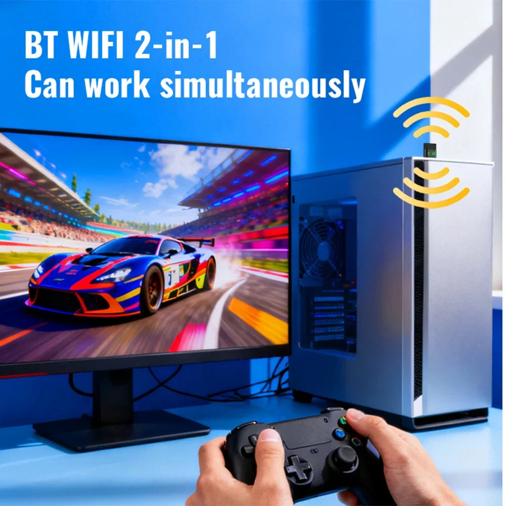 Compact black USB WiFi 6 and Bluetooth 5.4 adapter plugged into a PC tower, enabling simultaneous wireless connectivity.