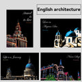 Set of four black travel journals featuring neon-style illustrations of famous global landmarks and architecture.