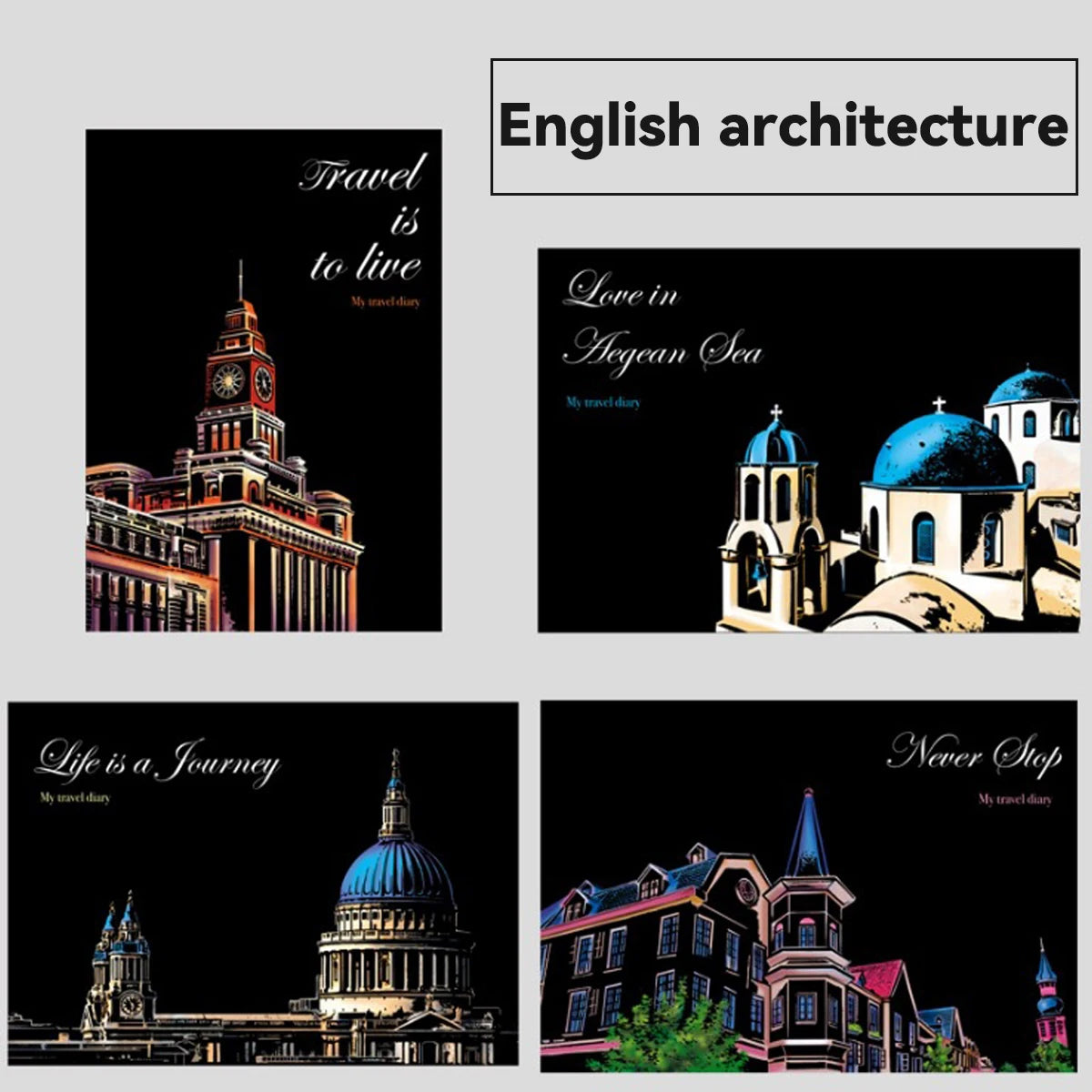 Set of four black travel journals featuring neon-style illustrations of famous global landmarks and architecture.