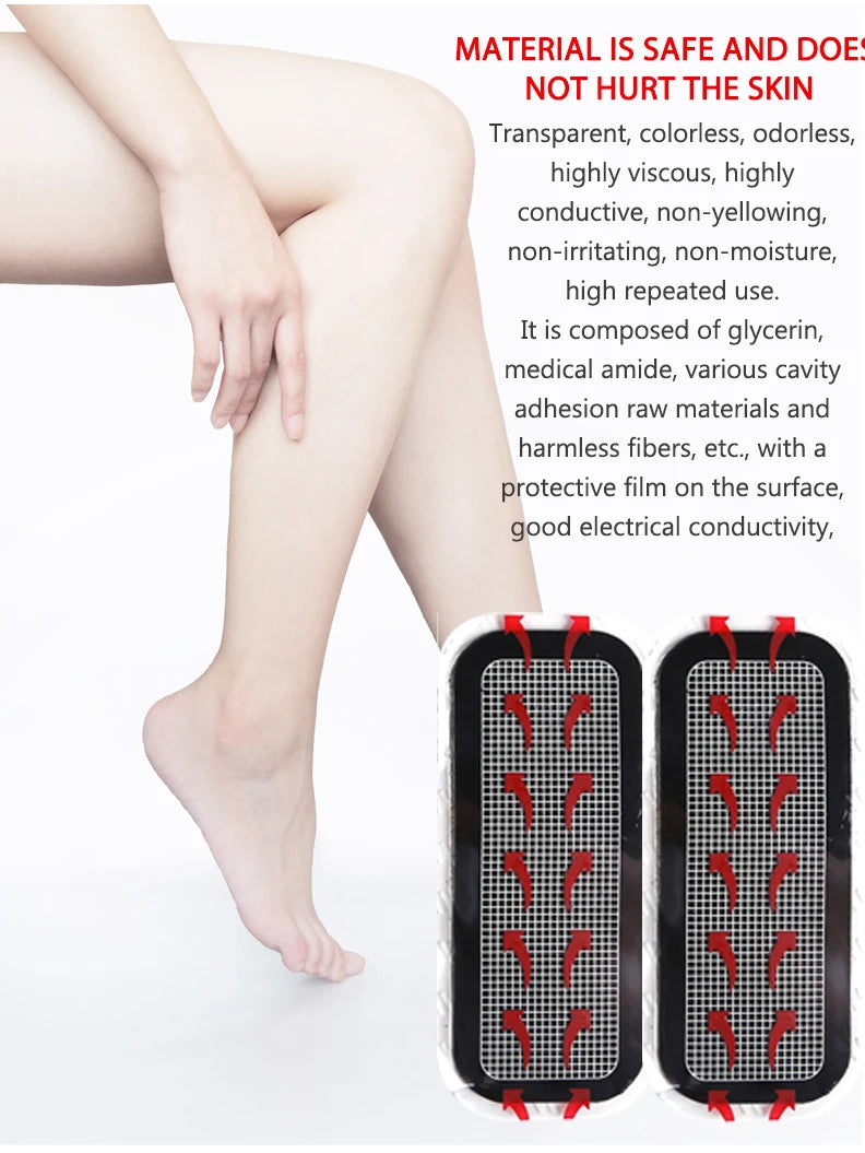 Two rectangular, black adhesive gel pads with a white grid pattern and red directional arrows, shown near a person's leg.