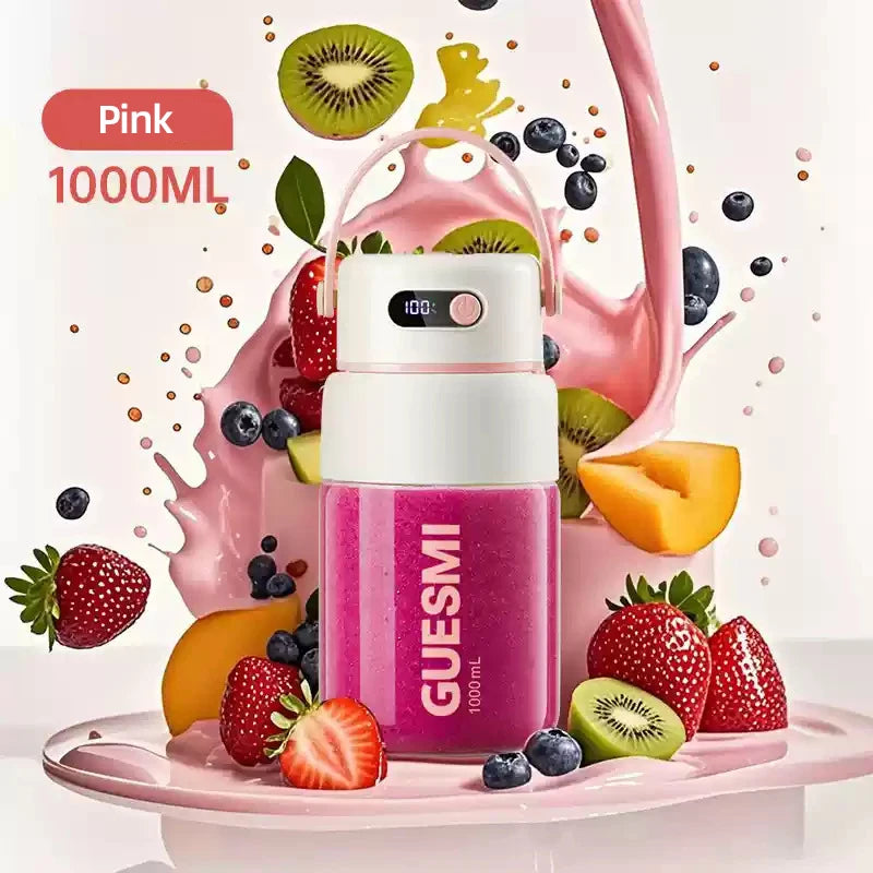 Pink 1000ml portable electric blender with digital display, shown with fruit splashes and ingredients.
