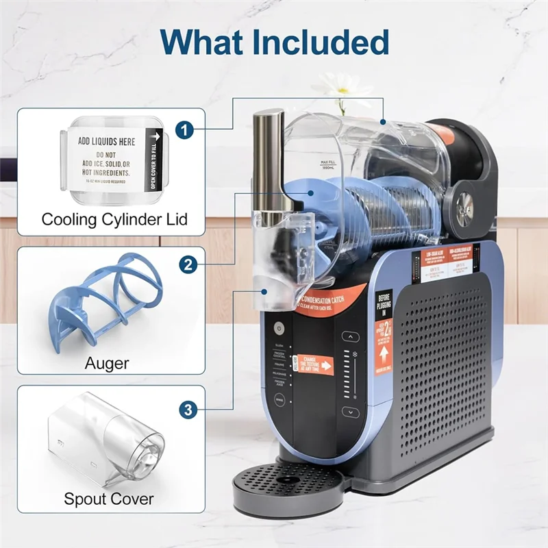 Replacement parts for a blue slushie maker, including a cooling cylinder lid, blue spiral auger, and clear spout cover.