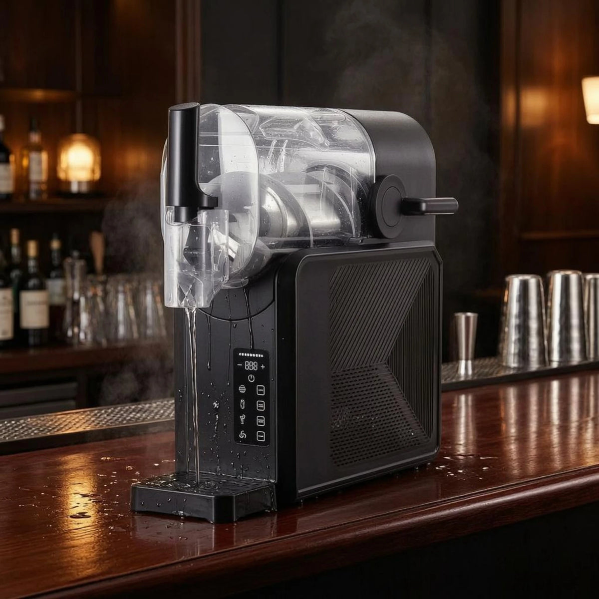 Black countertop slush machine with a clear tank, digital control panel, and liquid dispensing spout.