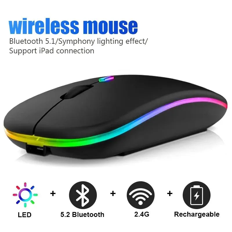 Sleek black wireless rechargeable gaming mouse with vibrant RGB LED lighting and Bluetooth connectivity.