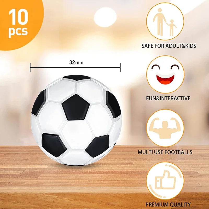 Pack of 10 mini 32mm black and white footballs for interactive play. Safe for all ages, durable, premium quality.