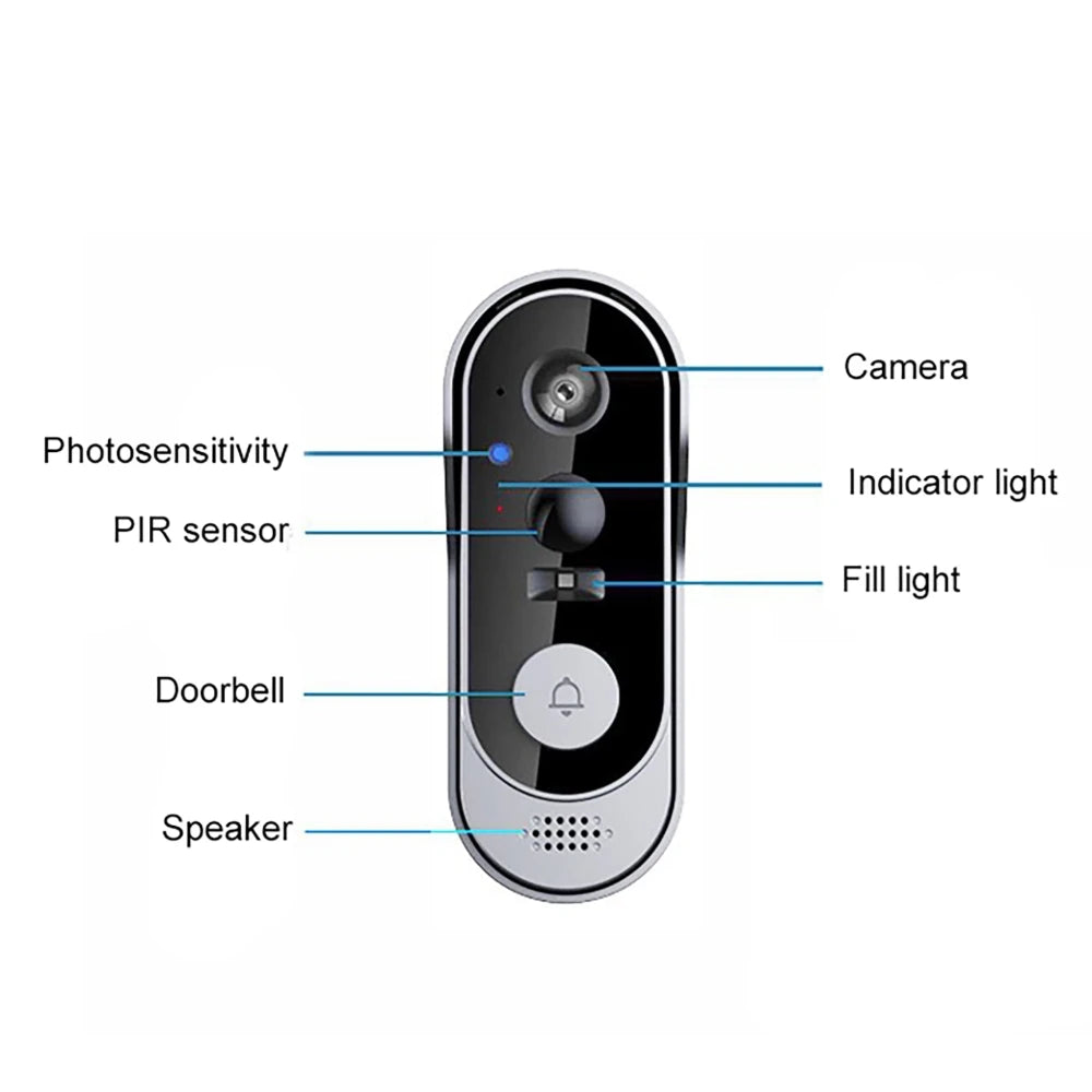 Sleek silver and black smart wireless doorbell featuring a camera, night vision, motion sensor, and integrated speaker.