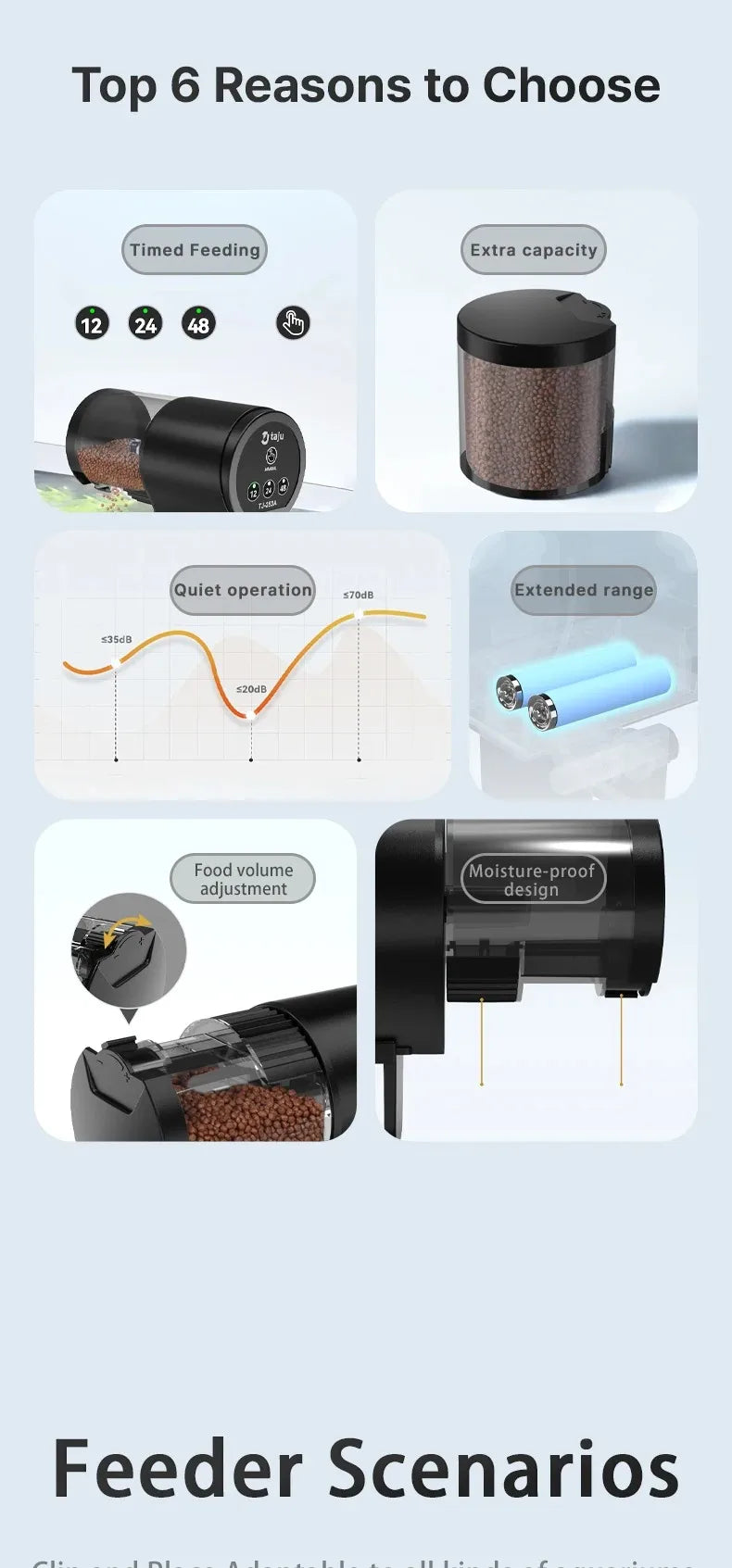 Black automatic fish feeder with features: timed feeding, large capacity, quiet operation, battery power, and moisture-proof.