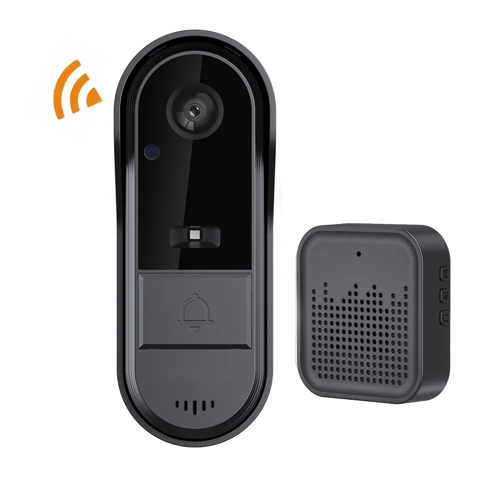 Black wireless smart video doorbell with camera, bell button and speaker, plus a separate matching chime unit.