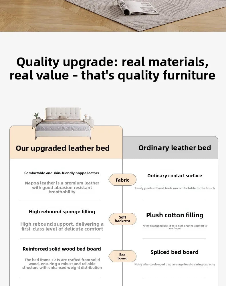 Modern cream-white leather storage bed with an upholstered headboard, featuring premium cushioning and solid wood base.