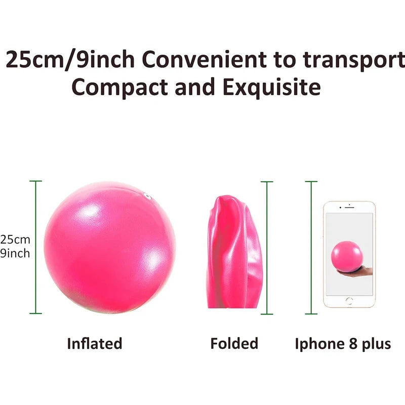 A pink 25cm yoga ball shown inflated, folded, and next to a smartphone for size comparison.