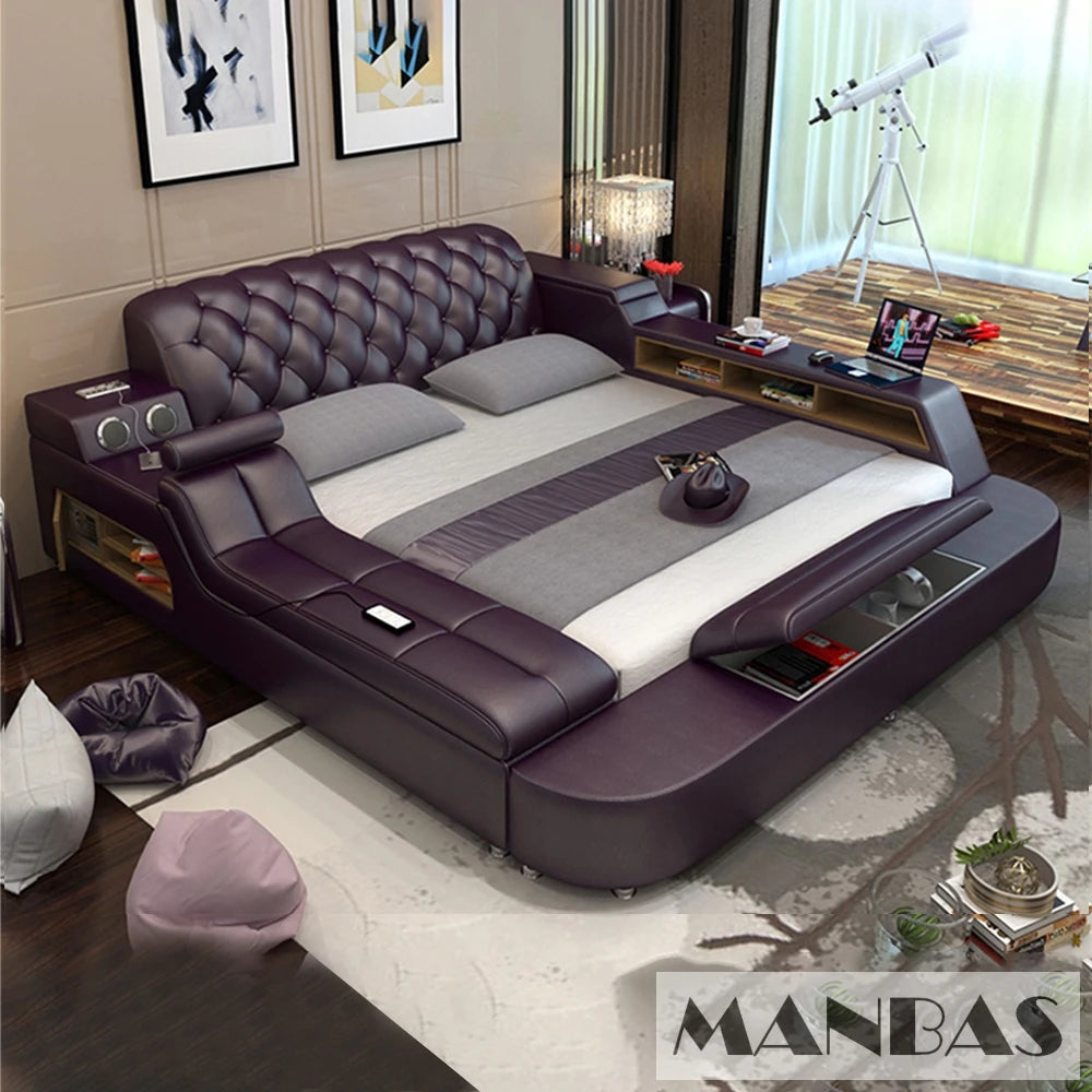 Deep purple, tufted upholstered platform bed with integrated speakers, side storage, and sleek modern design.