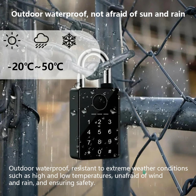 Black digital keypad padlock with a steel shackle, hanging on a metal fence during rain.