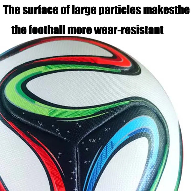 Durable white football with textured surface, featuring vibrant red, green, and blue curved patterns with star details.