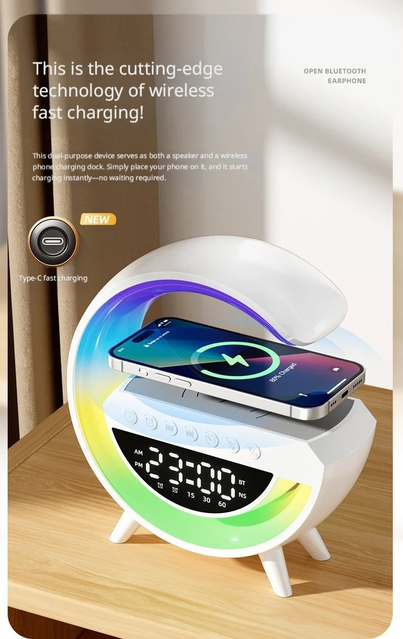 White smart alarm clock with a colourful LED light arc, digital display, and a wireless phone charging base.