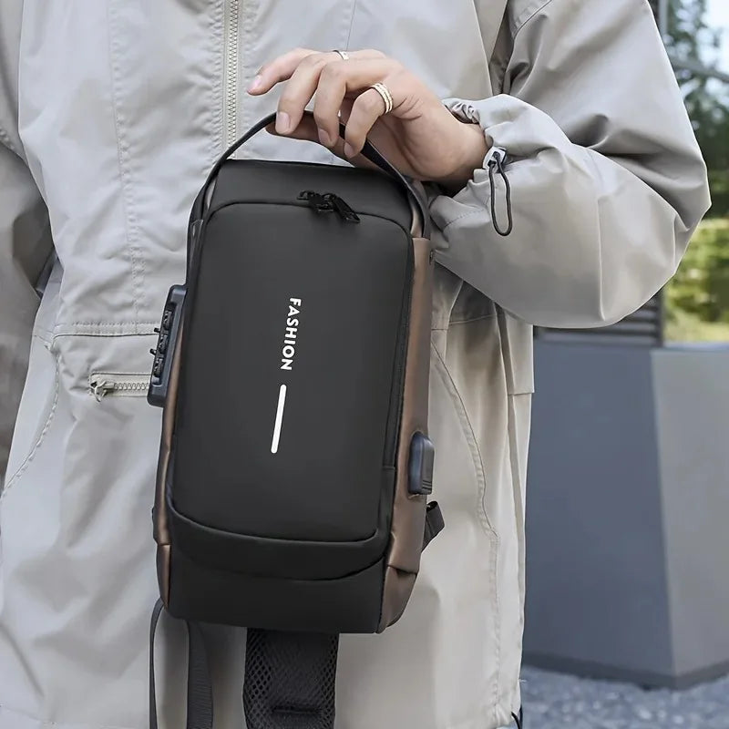 Black, slimline men's crossbody sling bag with built-in USB charging port and anti-theft combination lock.