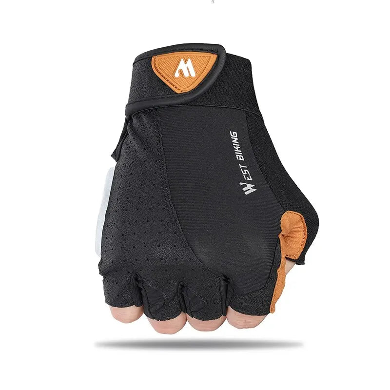 Black and orange fingerless West Biking cycling gloves with a perforated fabric and adjustable wrist strap.