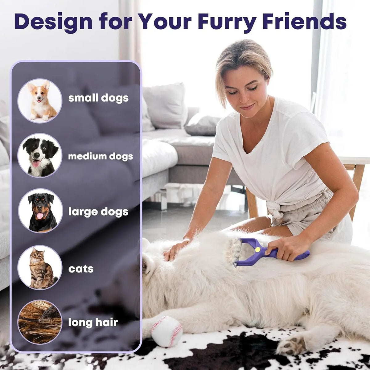 Purple pet grooming rake with metal teeth, used by a woman to brush a large white dog's thick fur.