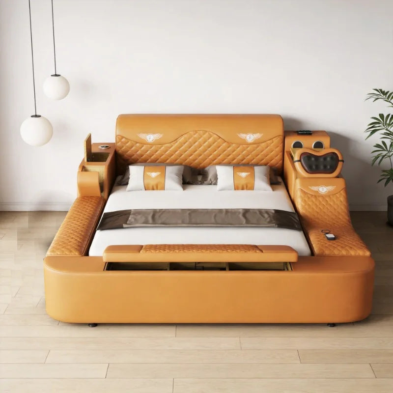 Luxury mustard-yellow leather bed with integrated side storage, quilted headboard, and built-in foot-end storage bench.