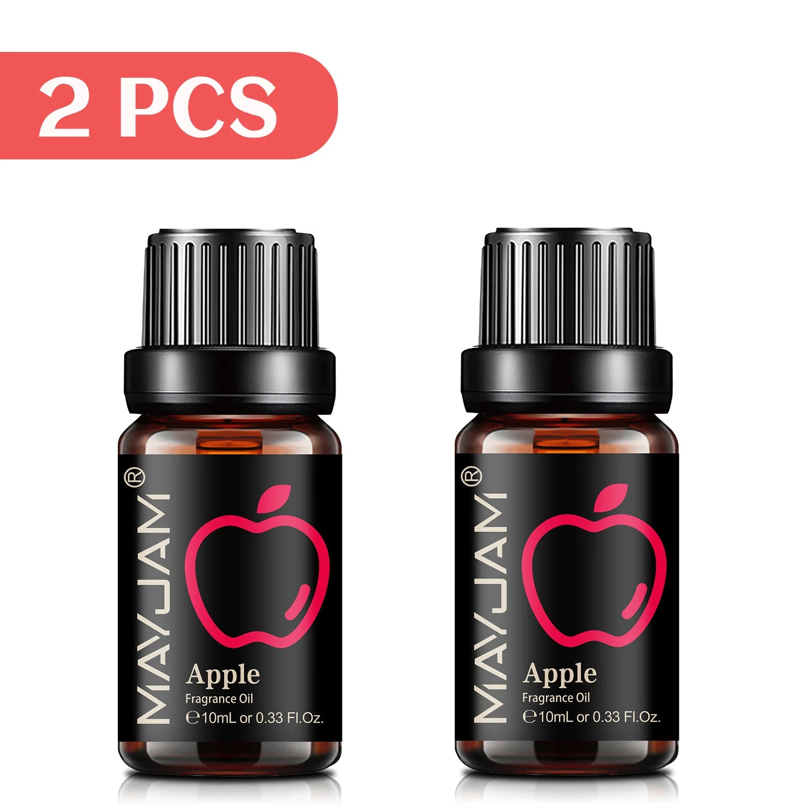Two 10ml amber glass bottles of apple fragrance oil with black caps and labels featuring a pink apple icon.