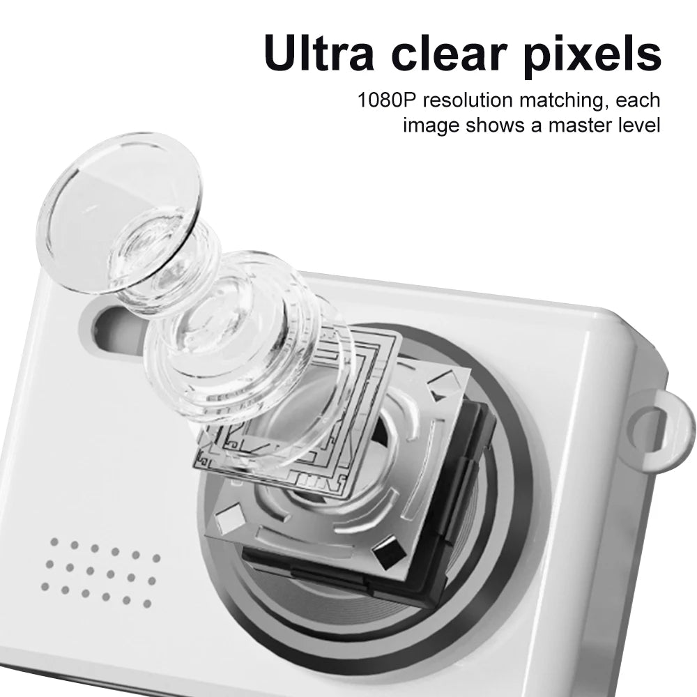 Exploded view of a white plastic camera lens assembly showing internal glass optics, metal sensor, and housing.