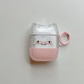 Clear cat-shaped AirPods case with pink polka dot base, glasses motif, and matching pink keyring.