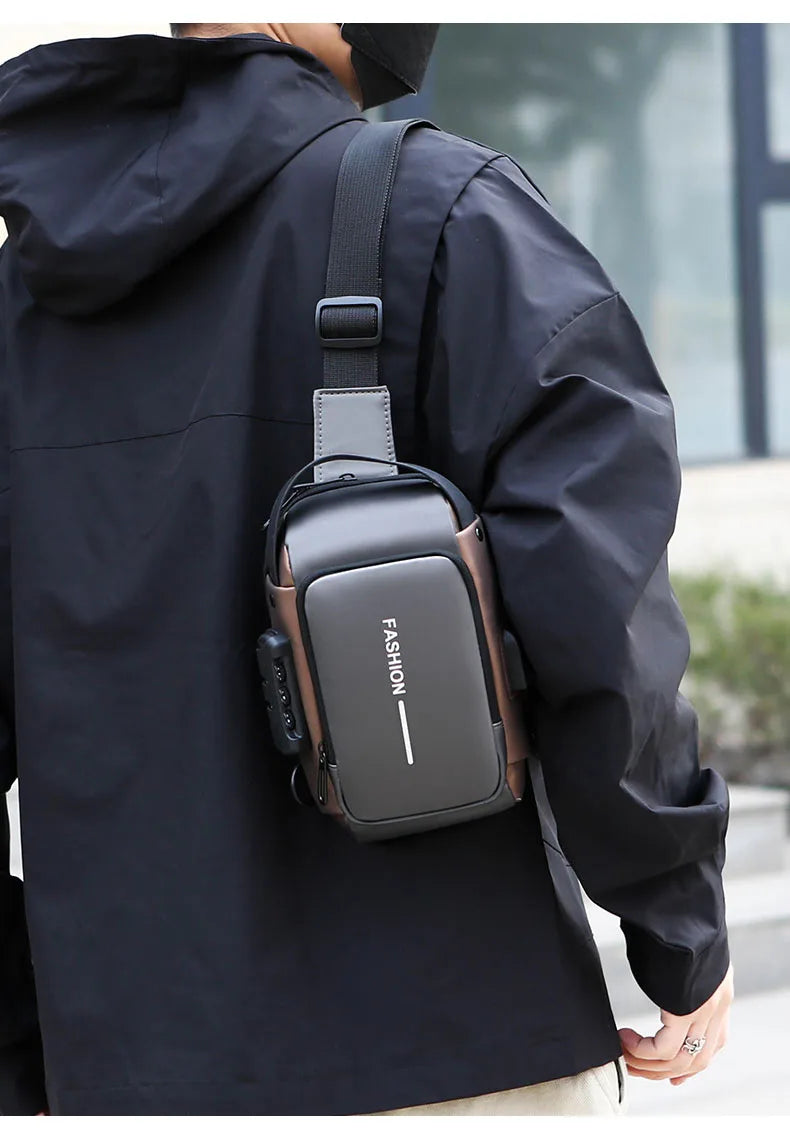 Grey and brown anti-theft crossbody sling bag with a secure lock and built-in USB charging port.