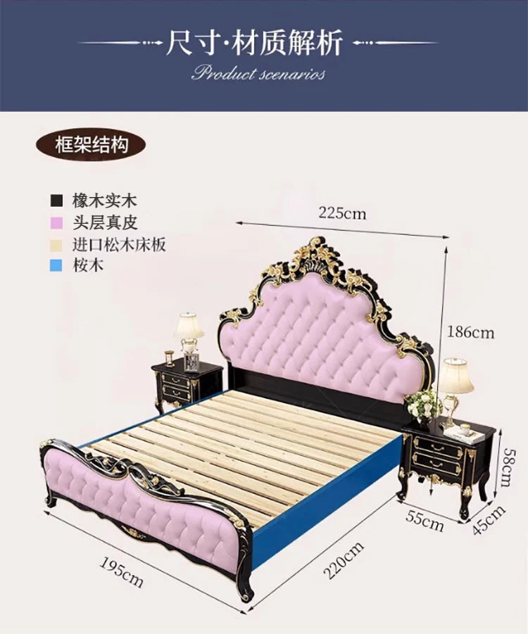Ornate double bed in black and gold with a button-tufted pink padded headboard and footboard, including side tables.
