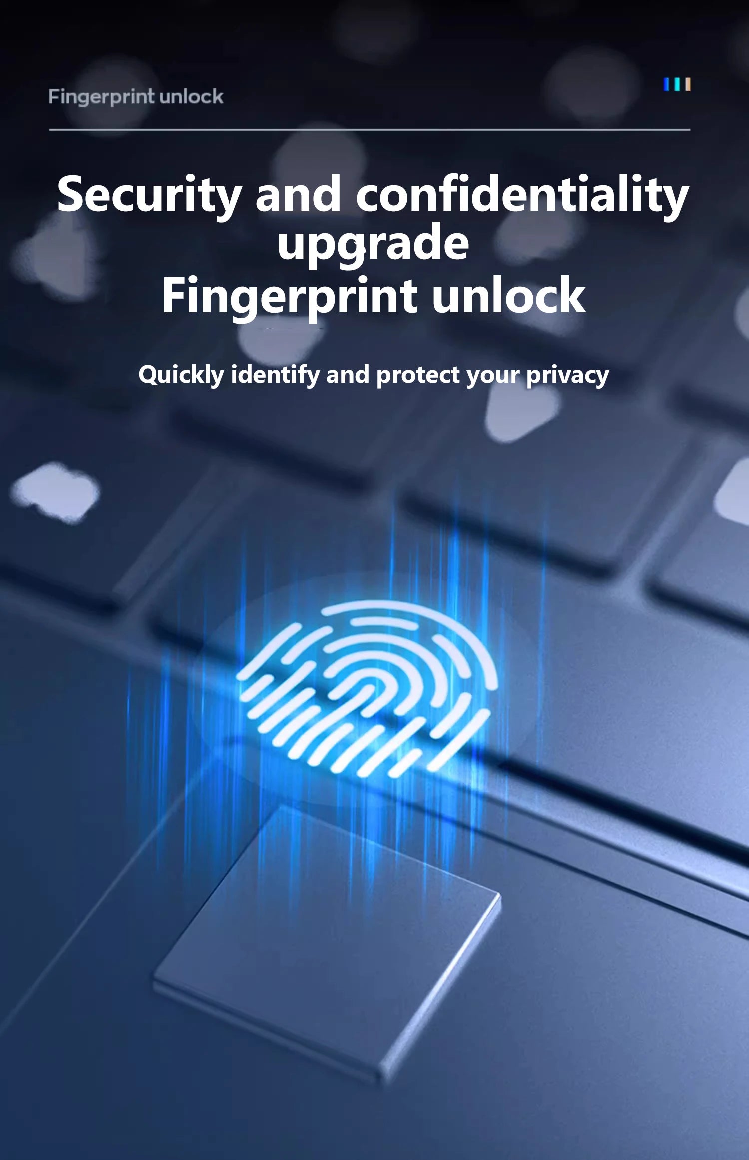 Close-up of a dark grey laptop keyboard with a glowing blue fingerprint scanner icon, highlighting secure unlock.