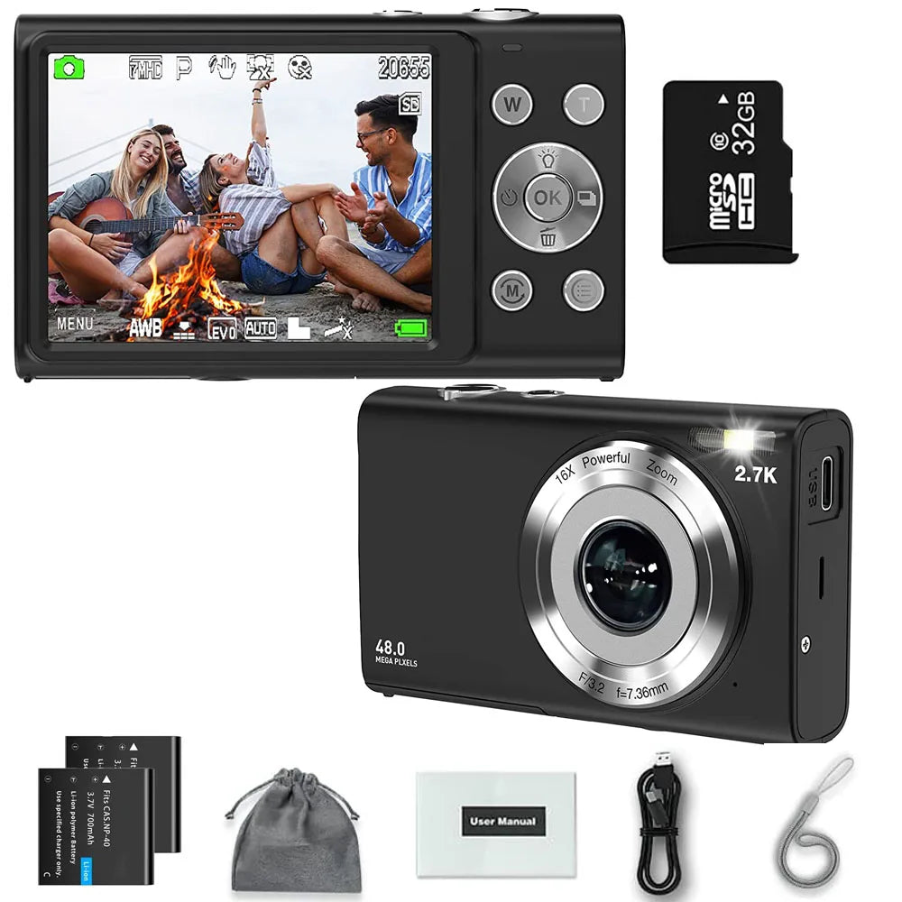 Black 48MP digital camera with 16x zoom, 2.7K video, 32GB SD card, two batteries, USB cable, pouch, and manual.