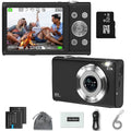 Black 48MP digital camera with 16x zoom, 2.7K video, 32GB SD card, two batteries, USB cable, pouch, and manual.
