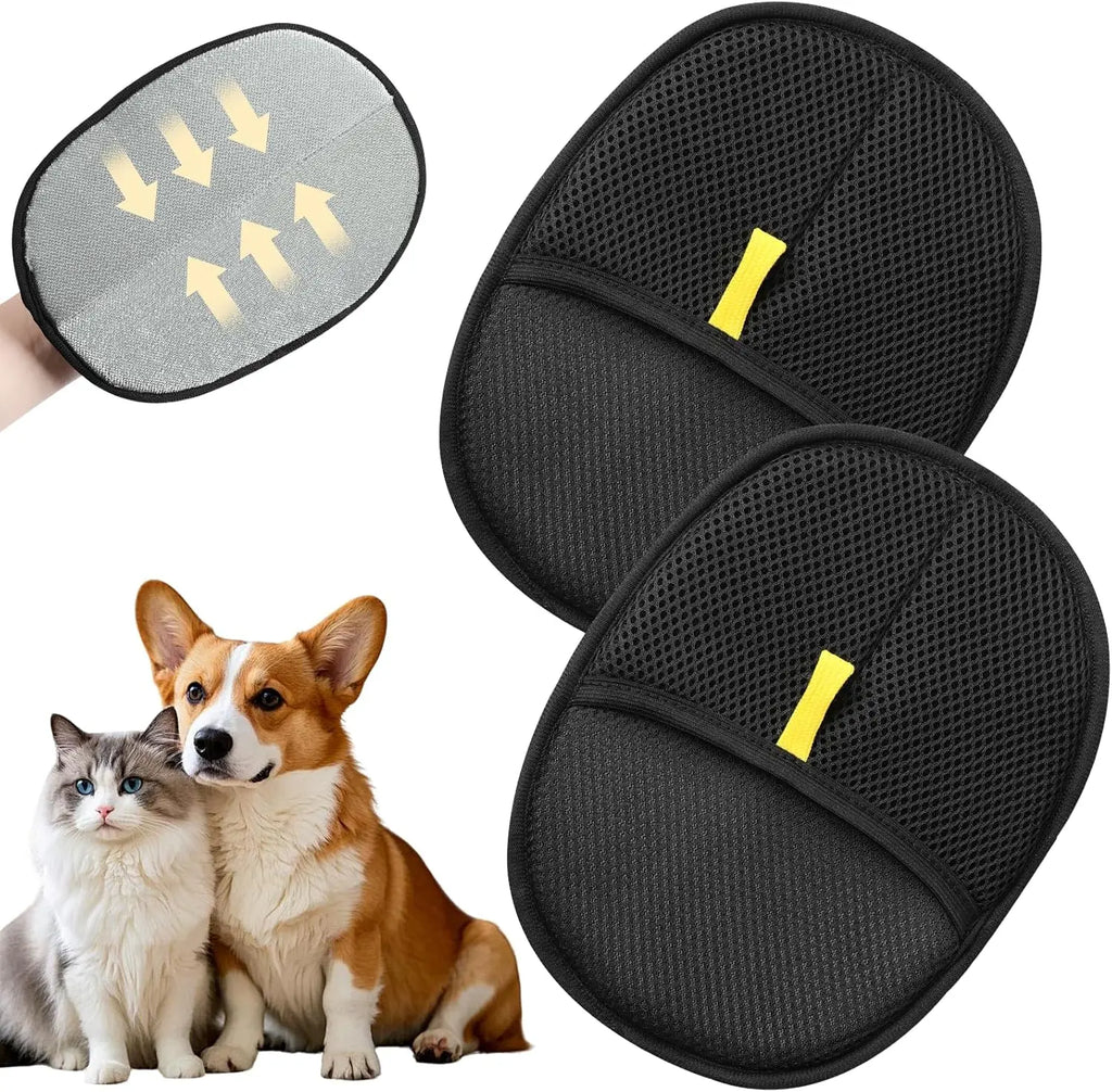 Two oval black mesh pet hair removal mitts with yellow tabs, shown with a cat, a dog, and a grey cleaning pad.