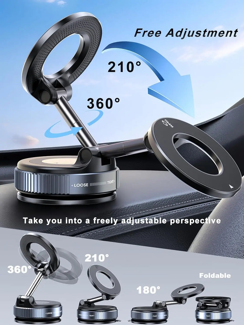 Black, foldable car phone mount with adjustable metallic arms and a circular magnetic holder for flexible positioning.