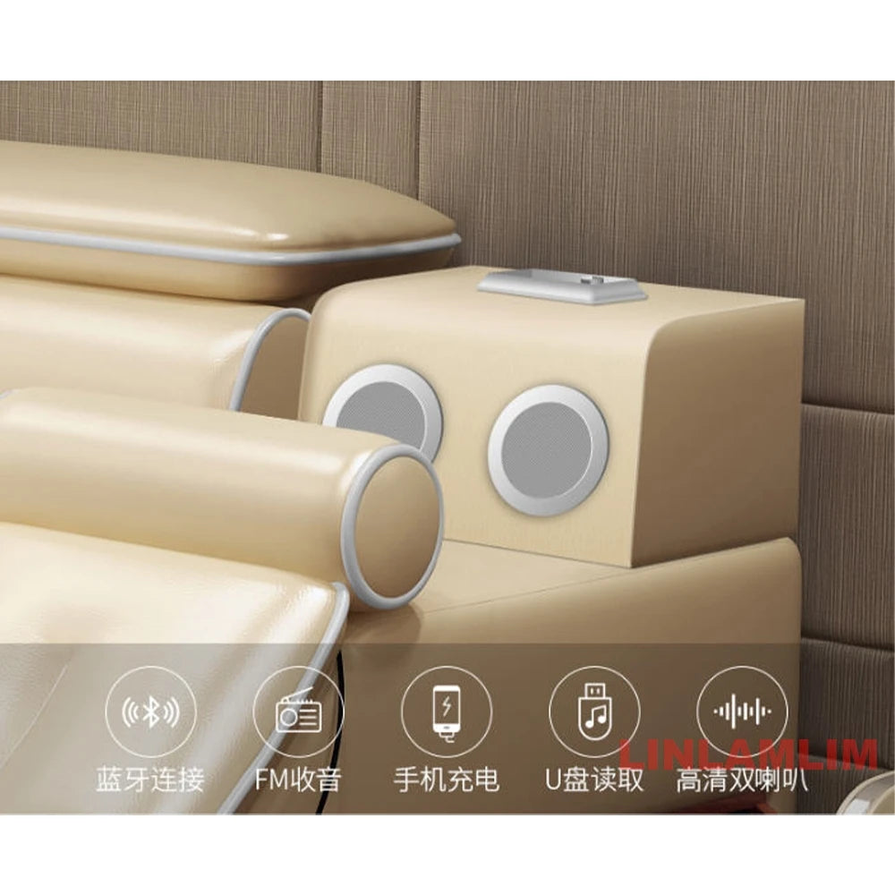 Cream genuine leather bed featuring integrated speakers, wireless charging, and Bluetooth connectivity.
