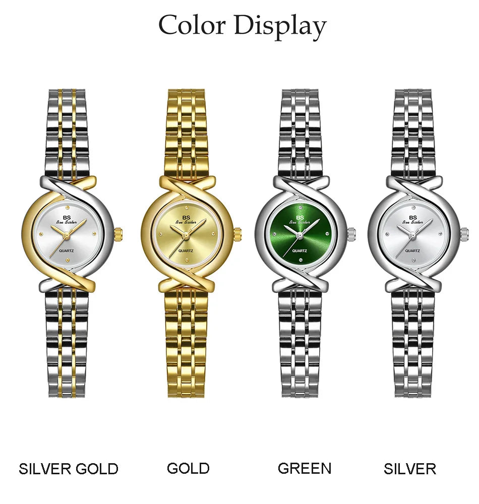 Four elegant women’s quartz wristwatches with crossover frames and stainless steel straps in silver, gold, and green.