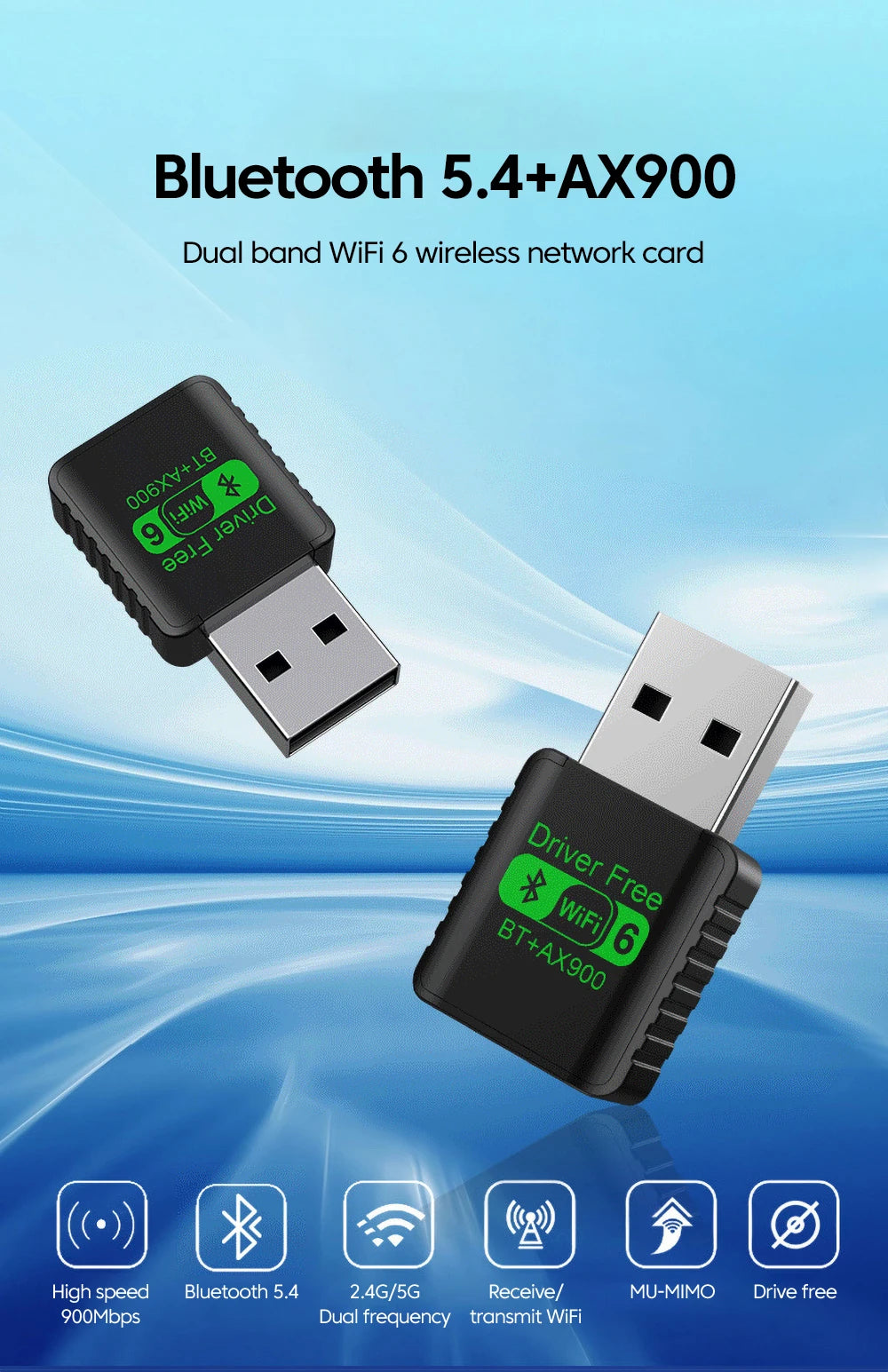 Two black, compact USB WiFi 6 adapters with green labels, featuring Bluetooth 5.4 support and dual-band connectivity.