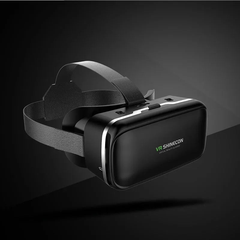 Black virtual reality headset with an adjustable strap, sleek minimalist design, and metallic silver accents.