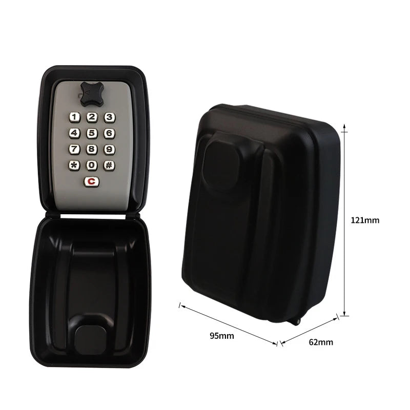 Black wall-mounted metal key lock box with a grey push-button combination keypad, shown open and closed.