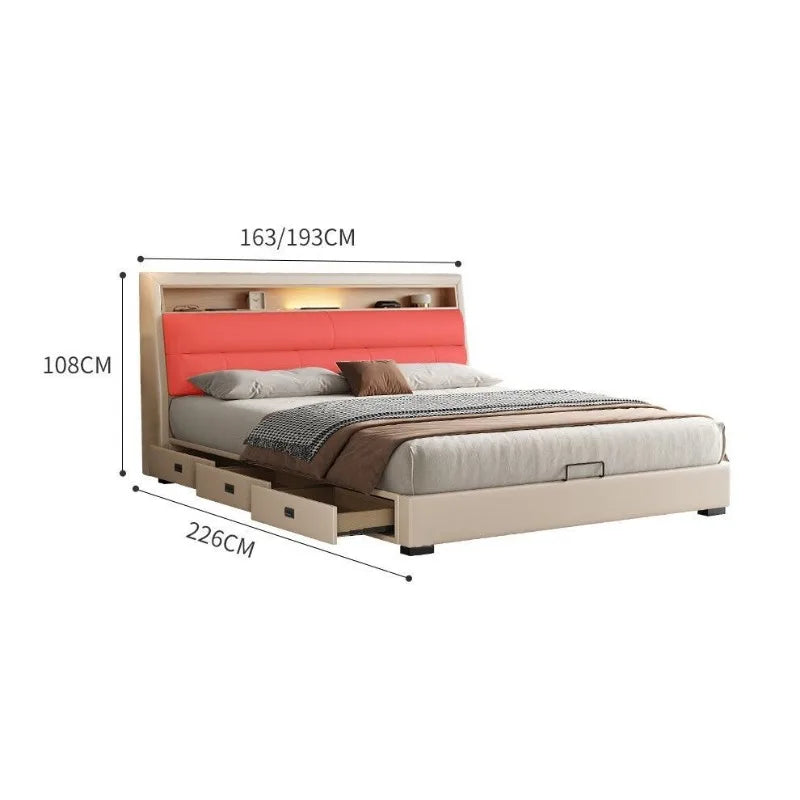 Modern cream and coral leather-look bed frame with integrated headboard shelving and side storage drawers.