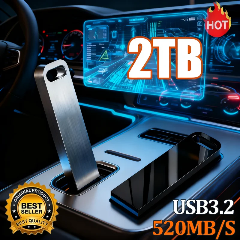 Sleek silver and black 2TB USB 3.2 portable flash drives with a slim, modern design.
