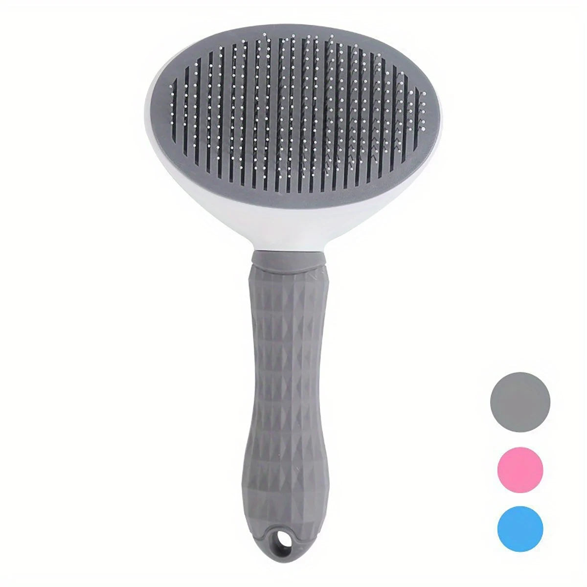Grey and white pet slicker brush with a textured handle and small colour options at the side.