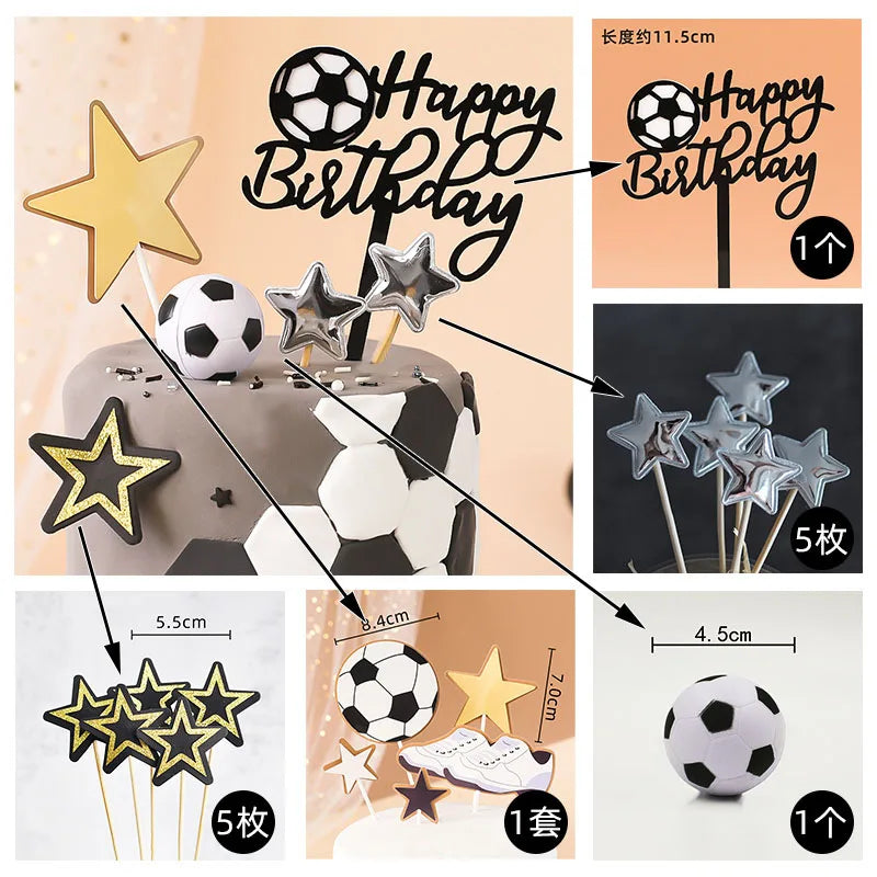 Football-themed cake topper set with "Happy Birthday" sign, soccer balls, and silver and gold glitter star picks.