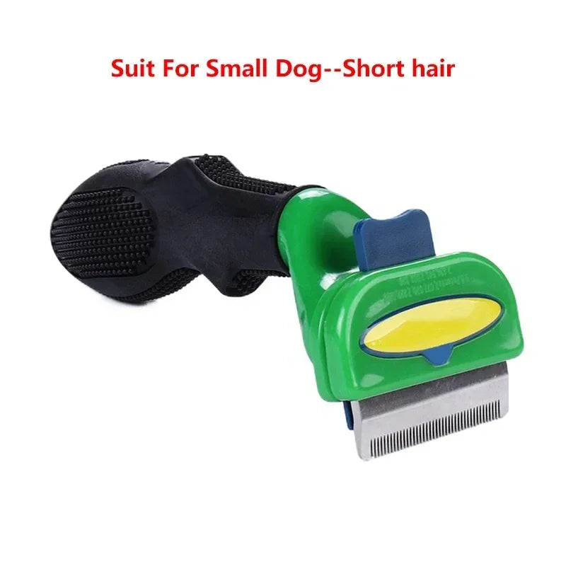 Green and black de-shedding tool for small, short-haired dogs with a metal comb and ergonomic handle.