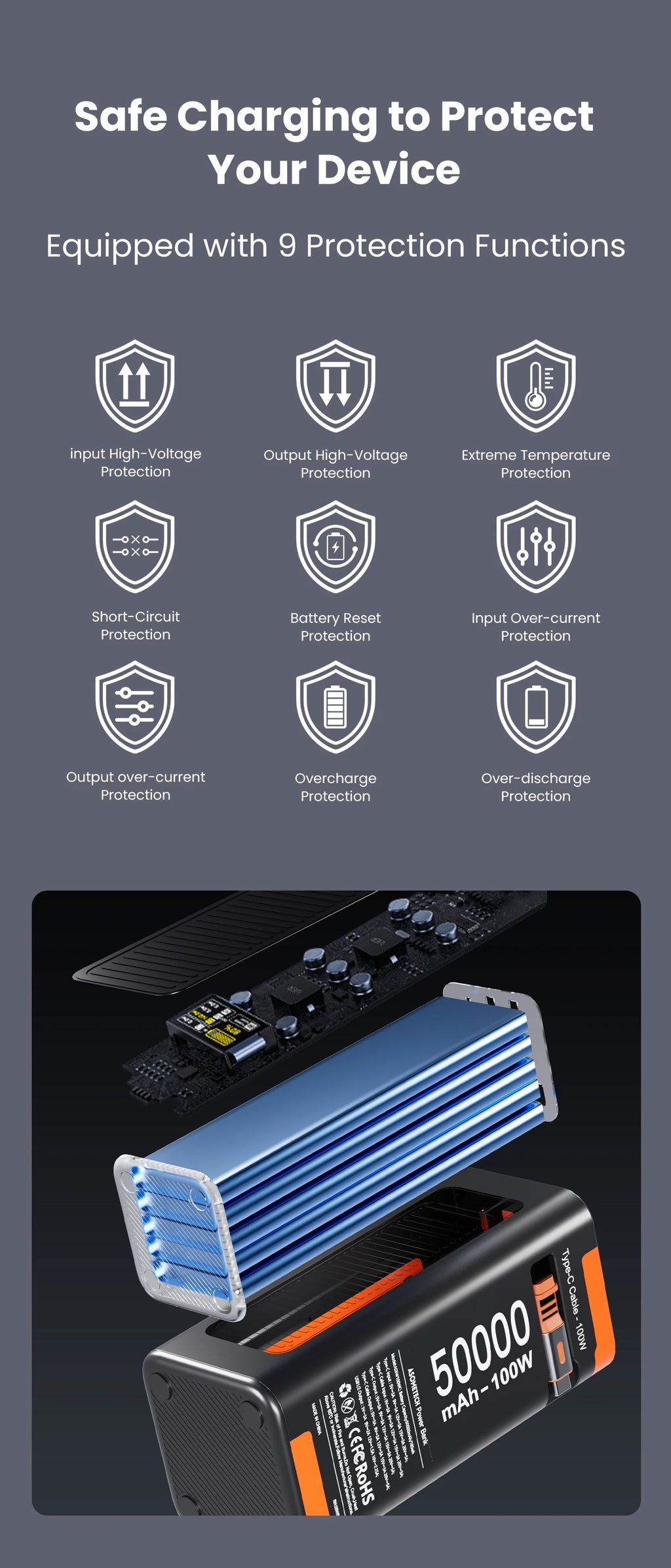 Black and blue 50,000mAh 100W portable power bank featuring internal components and nine safety protection functions.