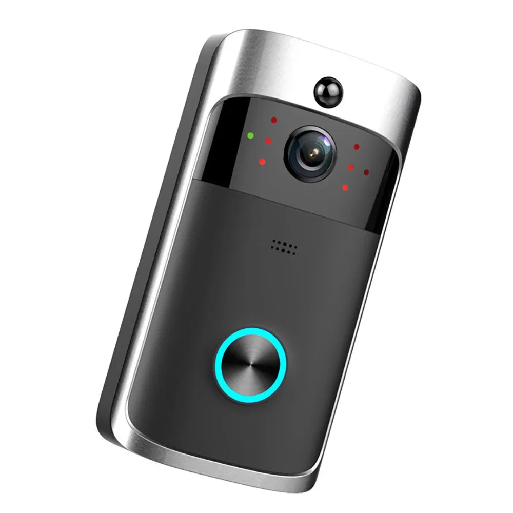 Sleek black and silver wireless video doorbell with a prominent camera lens and a glowing blue push button.
