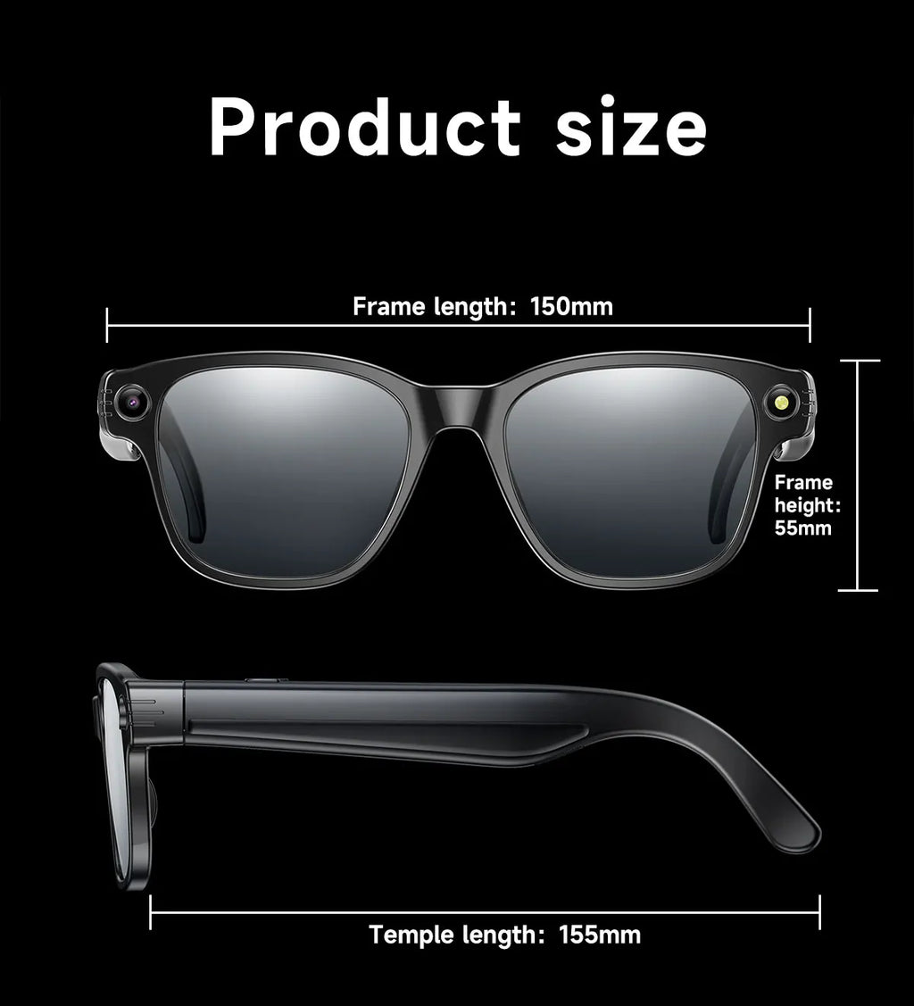 Black smart glasses with built-in camera and AI features, showing front and side profile with measurement dimensions.