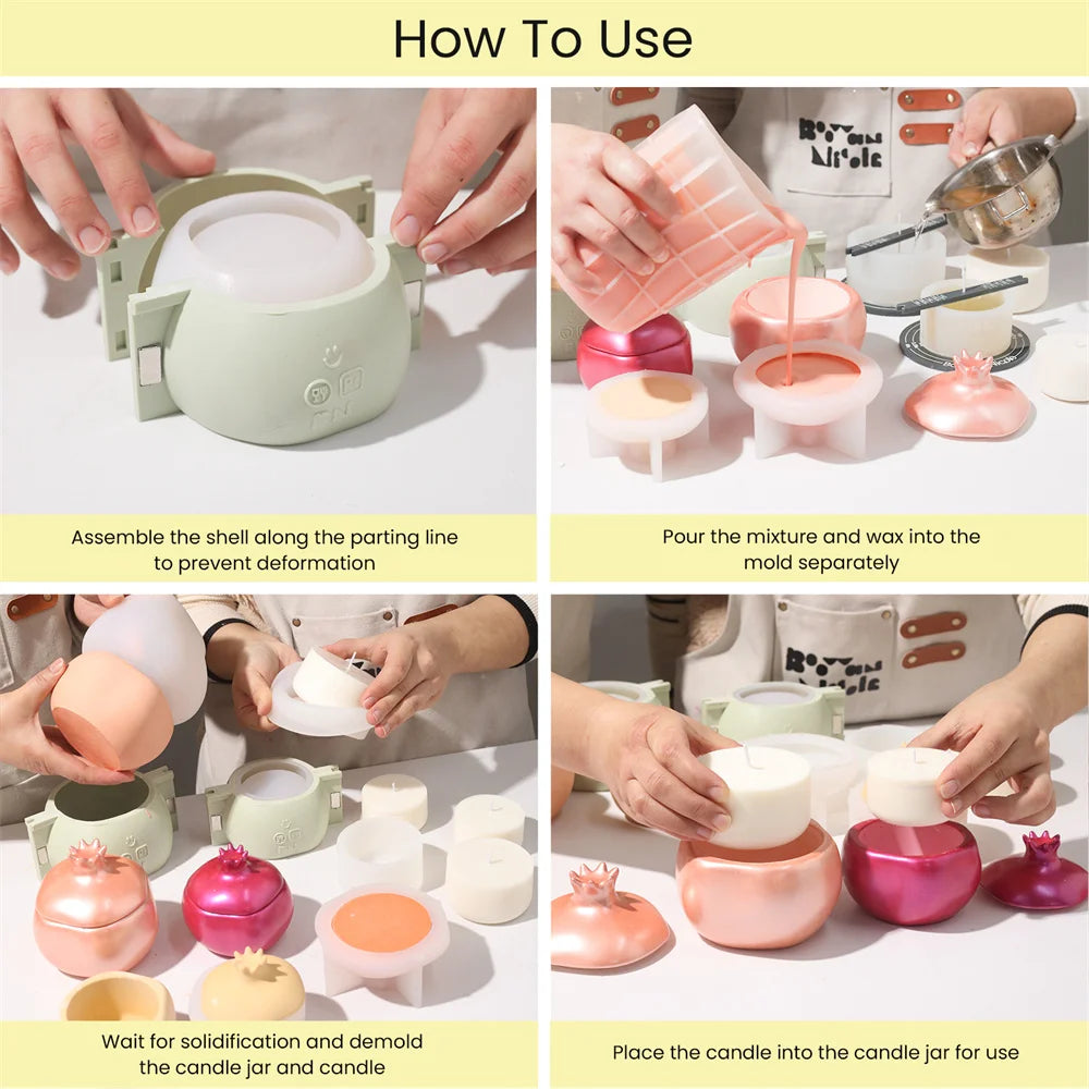 Four-step tutorial showing assembly, pouring, demolding, and finishing of pomegranate candle jars.