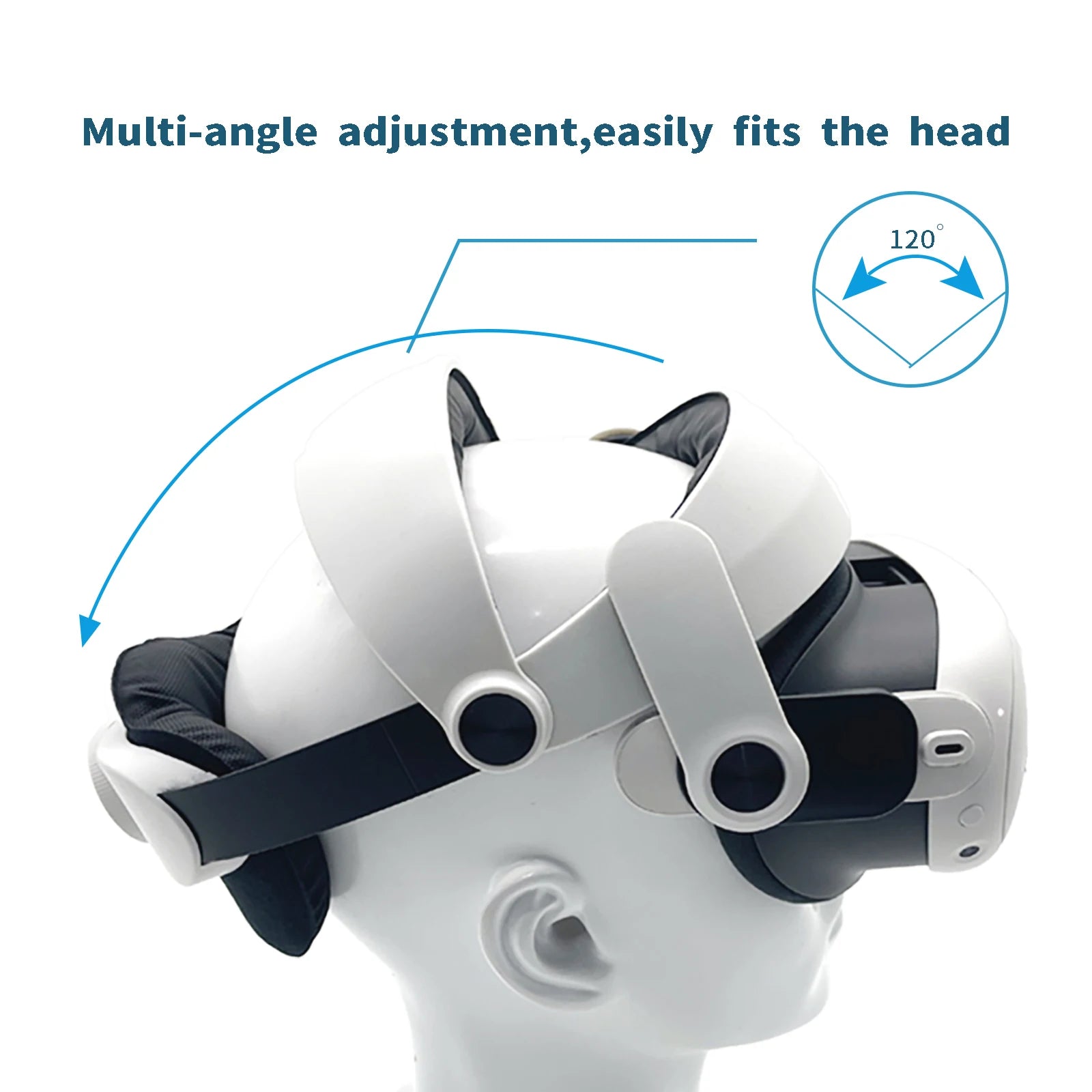 White adjustable halo head strap for Meta Quest 3 and 3S, featuring a 120-degree tilt for a comfortable, secure fit.