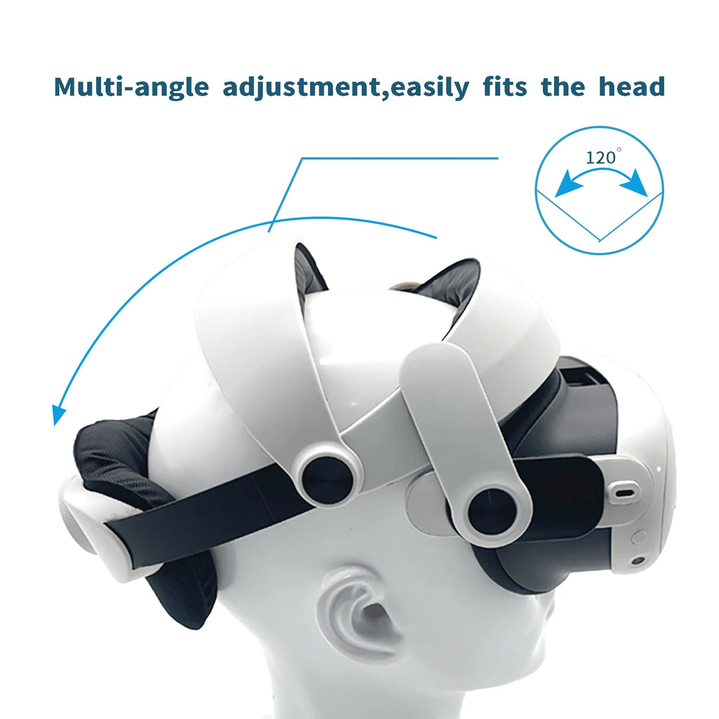 White adjustable halo strap for VR headset on a mannequin head, showing 120-degree rotation and ergonomic padding.